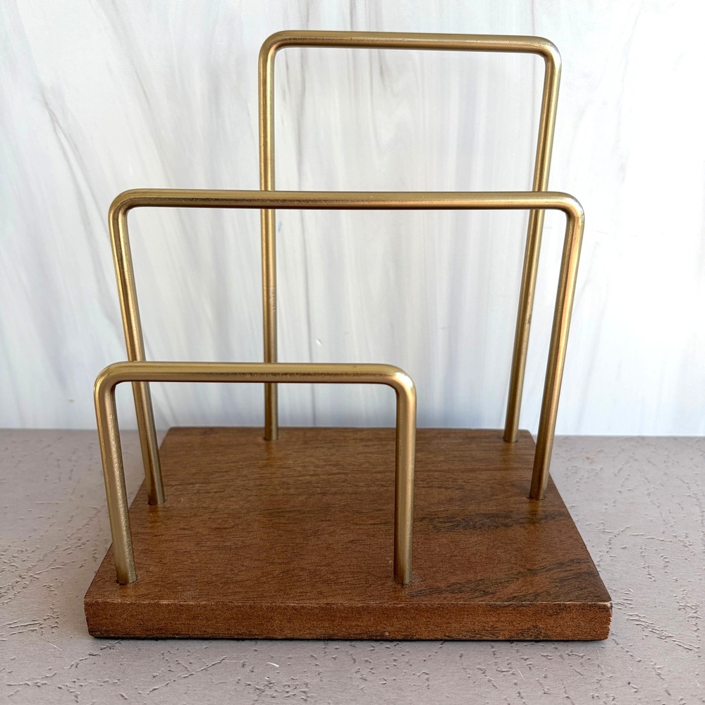 Vintage Mid Century Style Gold Metal and Wood Mail Sorter Letter Organizer